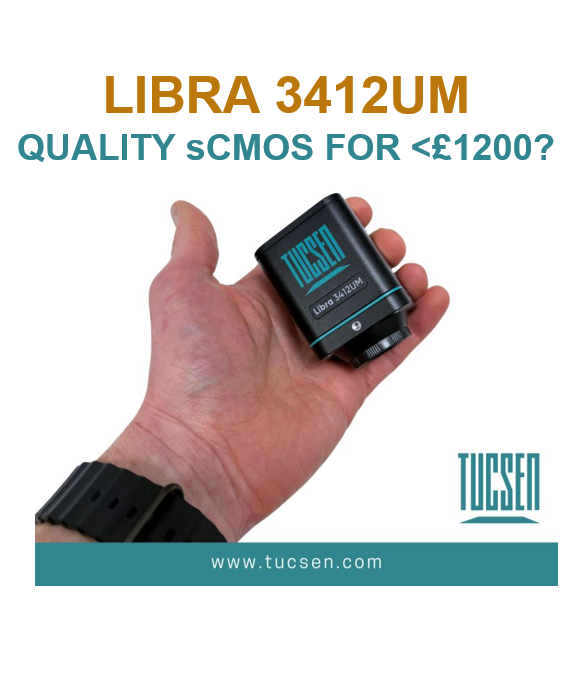 A hand holding a small black TUCSEN LIBRA 3412UM sCMOS camera module, with promotional text above reading 'LIBRA 3412UM QUALITY sCMOS FOR <£1200?' on a white background.